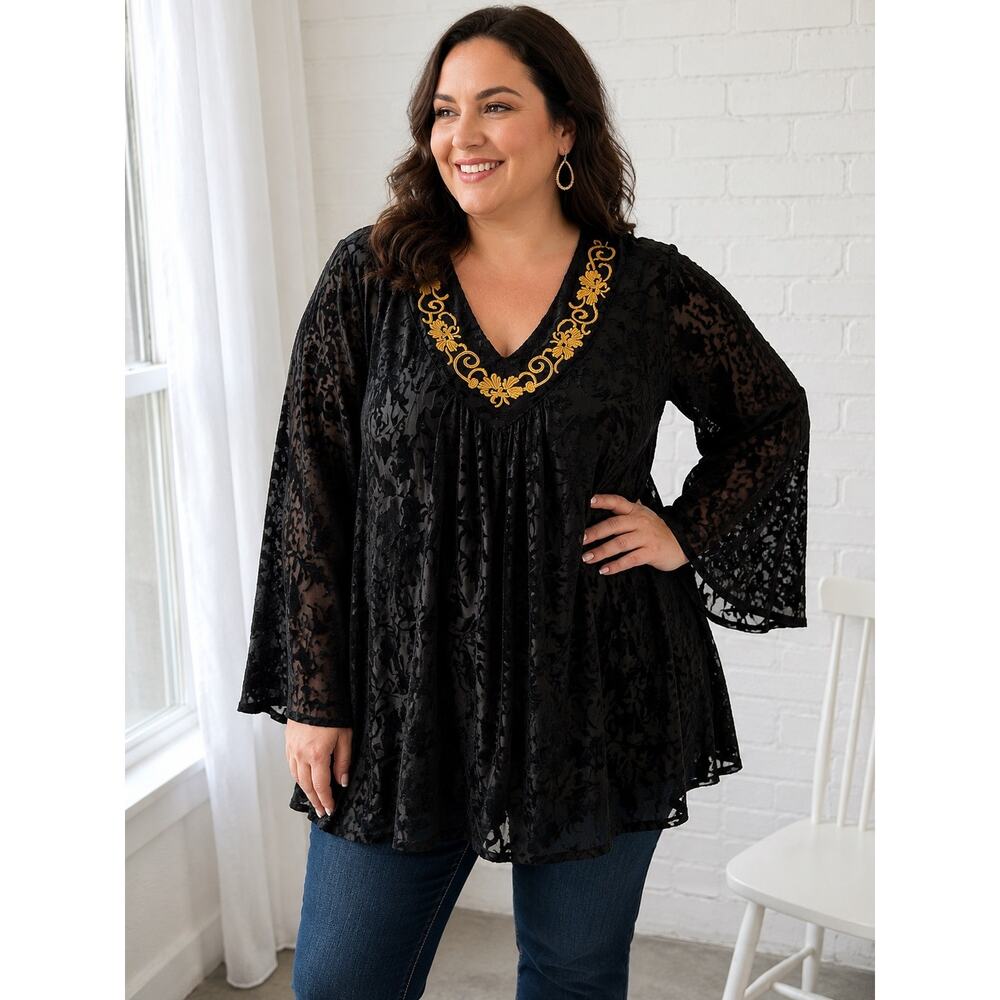 Roaman’s 14W Black Burnout Velvet Embroidered Bell Sleeve Boho Tunic Top